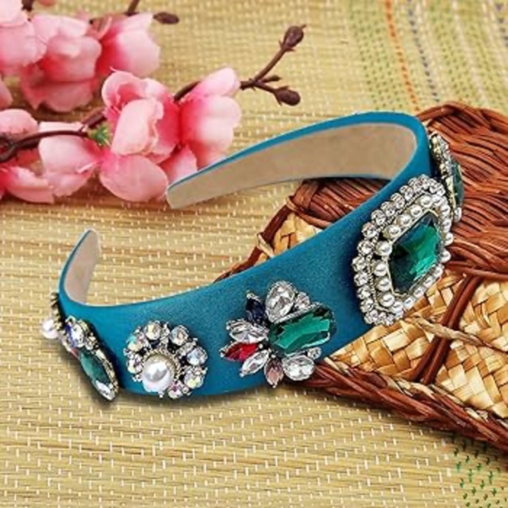 Emerald Crystal Pearl Satin Headband Blue Baroque Bridal Statement Hairband OS